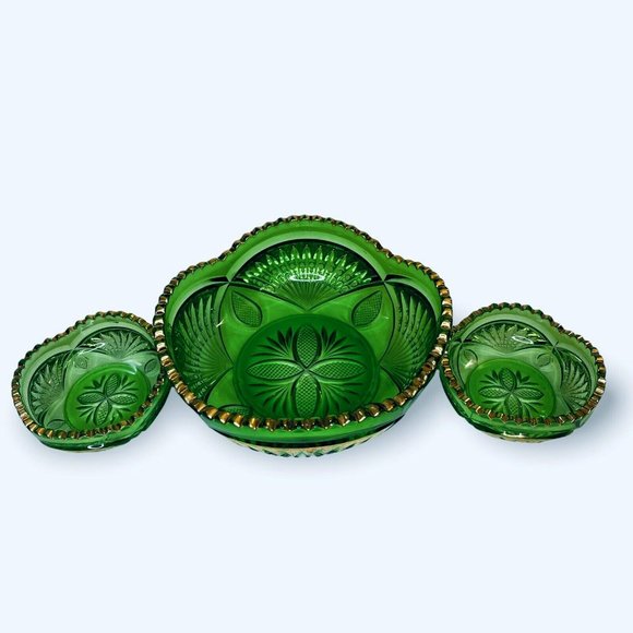 RARE Heisey Glass Emerald Green Pineapple and Fan Gold Bowls EAPG 1898 Set of 3 - Picture 2 of 10